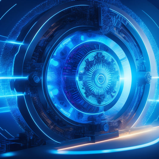 A futuristic, high-tech background with interconnected nodes and glowing blue lines, surrounded by rotating gears and cogs, with a large, central, stylized keyhole emitting a bright, pulsing light.