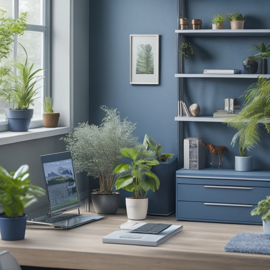 A tidy, modern home office with a desk organized with labeled storage bins, a minimalist laptop stand, and a few thriving plants, set against a calming blue-gray background.