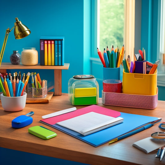 A serene, organized workspace with a few, carefully chosen items: a tidy desk, a small, labeled file organizer, a single, open notebook, and a short, colorful pencil holder with a few, neatly arranged writing utensils.