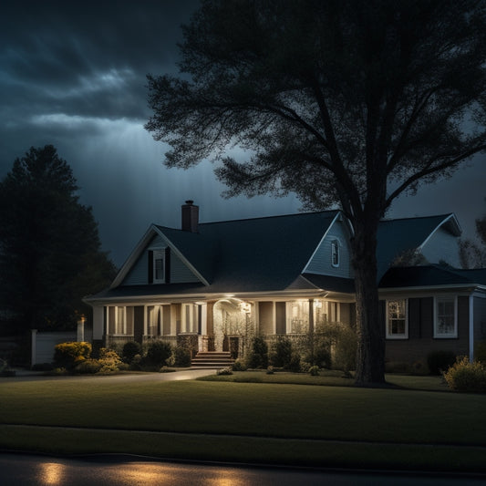 A darkened suburban neighborhood with a single, well-lit house, illuminated by soft, warm light, surrounded by trees with wind-blown branches, and a subtle lightning bolt in the distant sky.