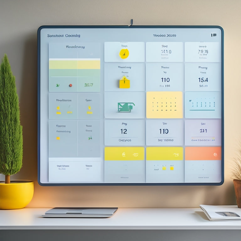 A minimalist digital dashboard with tidy icons, colorful folders, and a calendar in the background, surrounded by a subtle grid pattern, evoking a sense of calm and control.