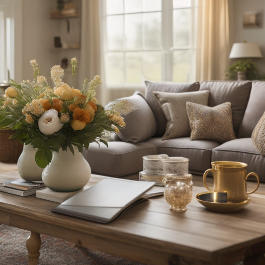 A warm and inviting illustration of a tidy living room with a few open laptops and notebooks on a coffee table, surrounded by a vase with fresh flowers and a few decorative pillows.