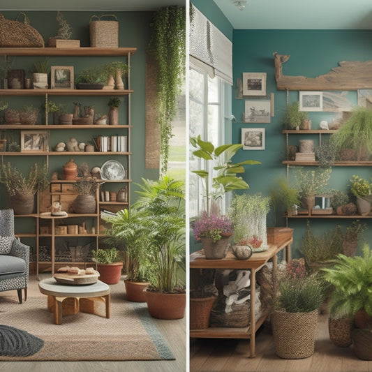 A split-screen image: a cluttered room with a flimsy, generic shelving unit in the background, versus a tidy room with a sturdy, custom-built DIY shelving unit showcasing decorative items and plants in the foreground.
