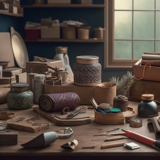 A well-organized workspace with various crafting tools and materials, surrounded by a few custom boxes in different shapes and sizes, adorned with ribbons, stickers, and other decorative elements.
