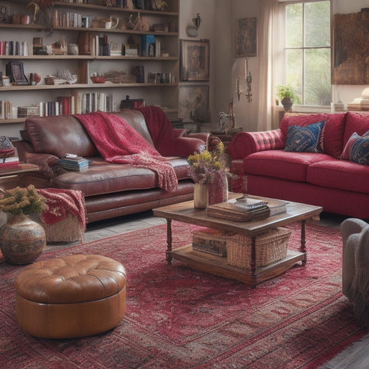 A cluttered tiny living room with a worn-out couch, dusty bookshelves, and scattered decorative items, with a red "X" symbol overlaid on a bulky coffee table and a large area rug.