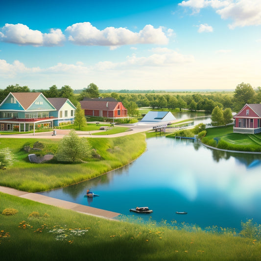 An illustration of a thriving community surrounded by a flood-resistant infrastructure, featuring elevated homes, green spaces, and a levee system, with a sunny blue sky in the background.