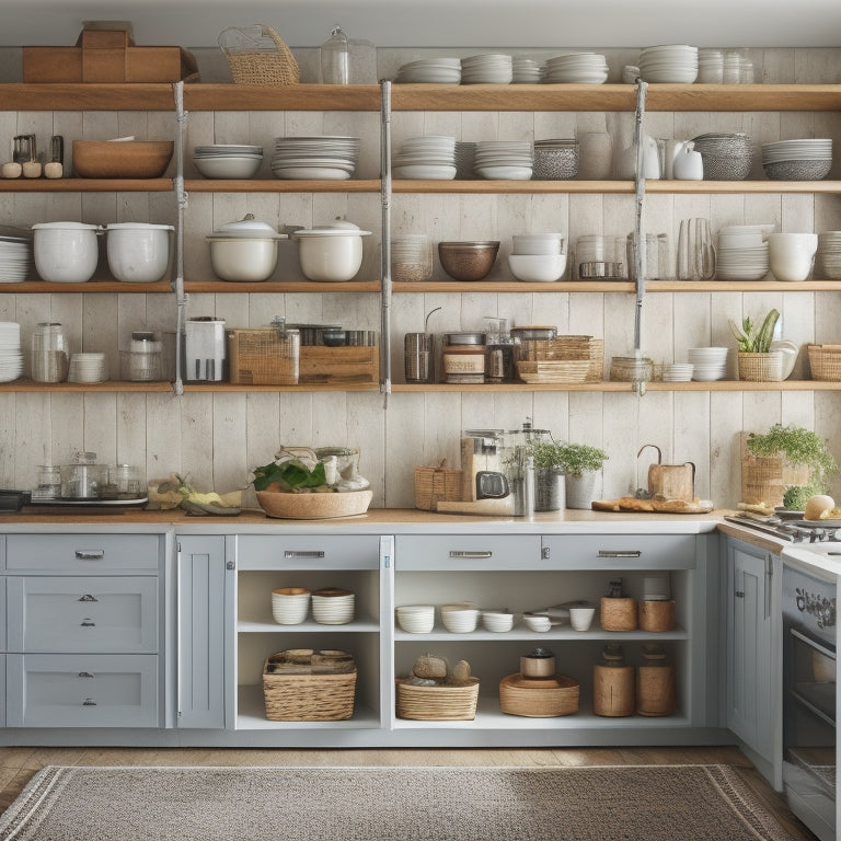 A tidy kitchen with open cabinets showcasing perfectly organized contents: stacked plates, aligned utensils, and labeled baskets, with a few cookbooks and decorative items on top shelves.