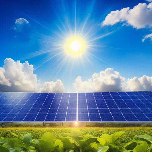 An illustration of a bright blue sky with fluffy white clouds, a large yellow sun in the center, surrounded by swirling green leaves and a subtle grid of solar panels in the background.