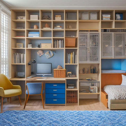 A clutter-free room with a Murphy bed, hidden desk, and floor-to-ceiling shelves, featuring a mesmerizing geometric pattern of storage cubes in varying sizes and colors.