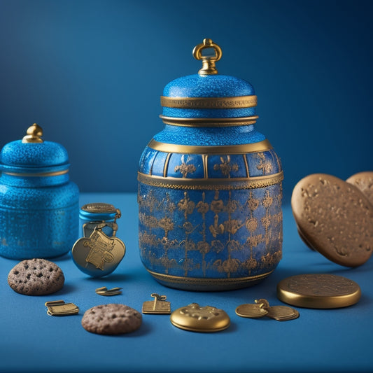 A whimsical illustration of a golden key unlocking a cookie jar filled with variously shaped cookies, each adorned with tiny padlocks, set against a dark blue background with subtle hints of coding symbols.