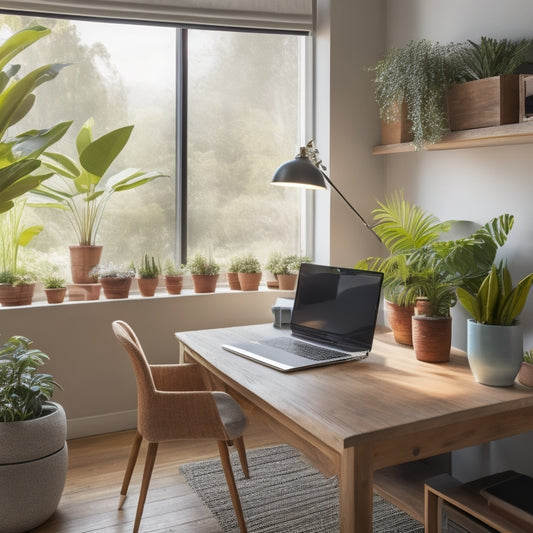 A serene, clutter-free home office with a laptop open to a digital course platform, surrounded by neatly arranged files, a tidy desk, and a few well-placed plants, set against a soft, natural light background.