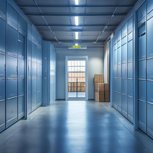 A serene, modern storage facility with sleek, silver lockers and polished concrete floors, illuminated by soft, overhead lighting, with a few moving boxes and luggage scattered about, amidst a subtle London cityscape backdrop.