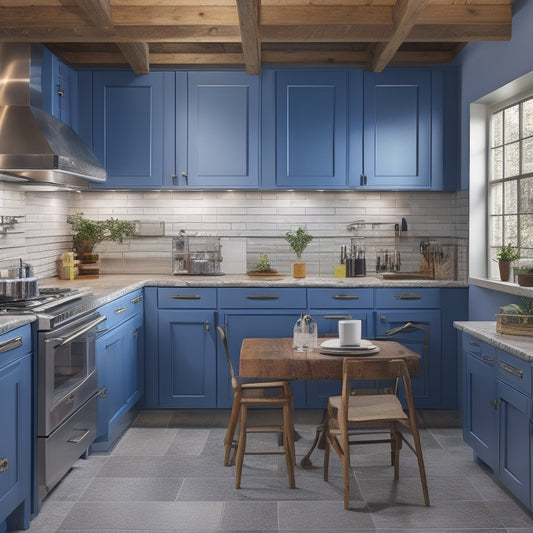 An organized workspace with a laptop, blueprints, and construction tools surrounded by a partially renovated kitchen with new cabinets, countertops, and a tile backsplash.