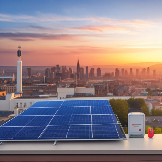An illustration of a Donnergys microinverter installed on a rooftop solar panel, with a subtle European cityscape in the background, surrounded by safety certification symbols and a faint grid of electrical circuits.