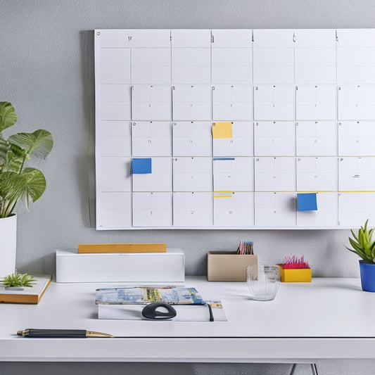 A modern, sleek, and minimalist workspace with a large, white Thrive Wall Calendar Organizer as the centerpiece, surrounded by neatly arranged office supplies and colorful sticky notes.