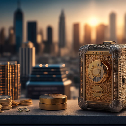 A combination lock with a miniature self-storage unit in the center, surrounded by small stacks of money, with a subtle cityscape background and a warm, golden lighting effect.
