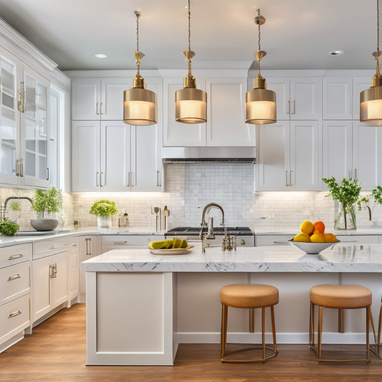 A bright, modern kitchen with sleek white cabinets, quartz countertops, and a large center island, featuring a stunning pendant light fixture and a beautiful hardwood floor.