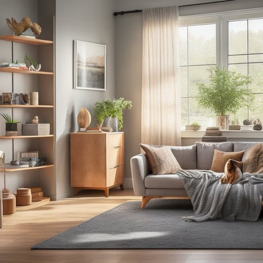 A warm and cozy living room with a cat lounging on a plush couch, surrounded by sleek and modern storage units, pet toys, and treats, with a subtle hint of natural light filtering through the window.