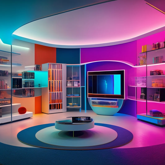 A futuristic, minimalist room with sleek shelves and a large, curved screen displaying a kaleidoscope of colors, surrounded by various devices, cables, and storage units in a harmonious, organized chaos.