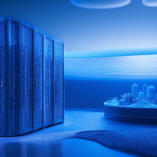 A futuristic ocean-inspired data center with sleek, curved servers resembling waves, illuminated by a soft blue glow, surrounded by subtle oceanic patterns and delicate sea anemone-like cables.