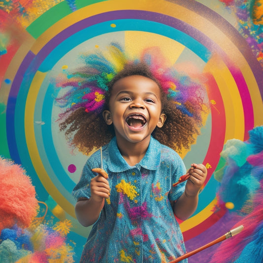 A whimsical illustration featuring a smiling child surrounded by swirling shapes and colors, holding a paintbrush and standing in front of a giant color wheel, with confetti-like bursts of vibrant hues.