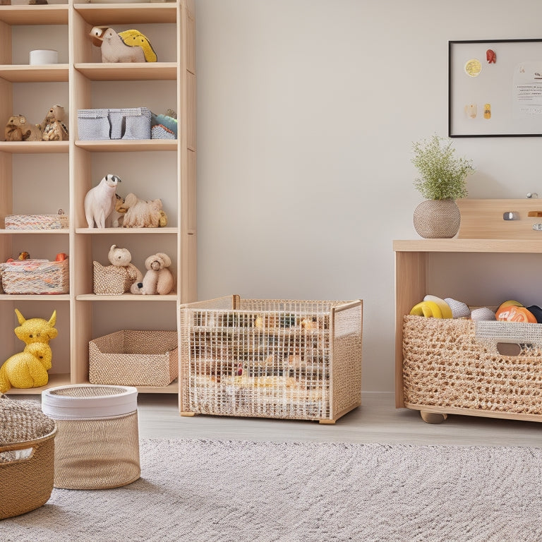 A tidy, modern playroom with a mix of transparent storage bins, woven baskets, and stackable shelves in natural wood tones, surrounded by a few strategically placed, neatly arranged toys.
