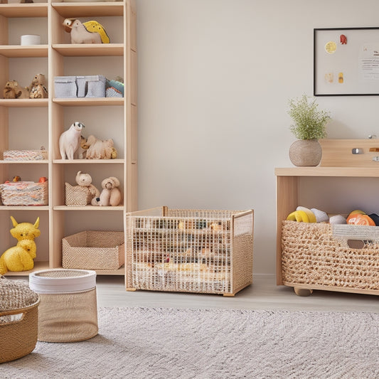 A tidy, modern playroom with a mix of transparent storage bins, woven baskets, and stackable shelves in natural wood tones, surrounded by a few strategically placed, neatly arranged toys.