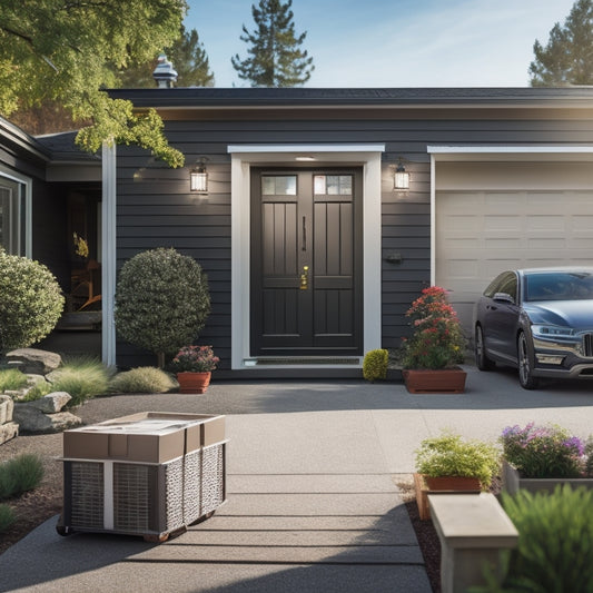 A modern suburban home with a Portable Storage Container in the driveway, partially filled with furniture and boxes, surrounded by a few moving supplies and a calm, organized atmosphere.