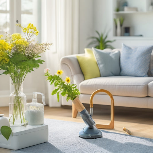 A bright, airy living room with a mix of decluttered and cluttered areas, a vacuum cleaner and cleaning supplies in the foreground, and a few blooming flowers or a vase with greenery on a nearby table.