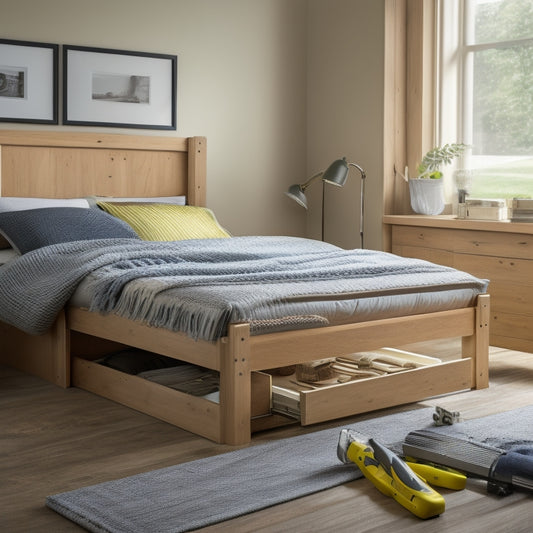 A partially assembled storage bed frame with wooden slats and drawers, surrounded by scattered tools, lumber, and hardware, set against a clean, minimalist background with soft, natural light.