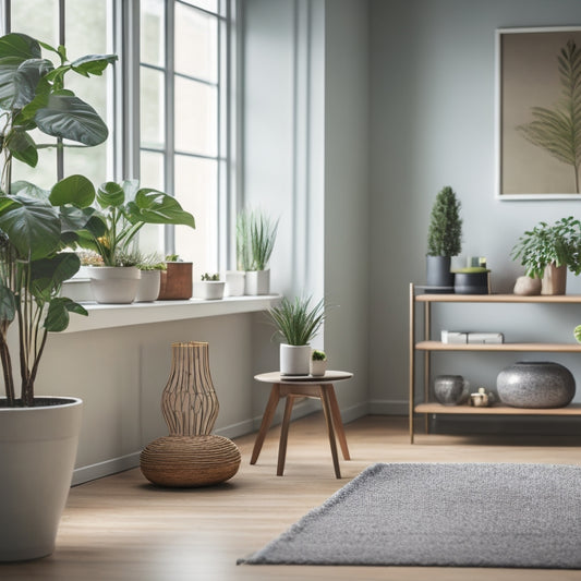 A serene, minimalist living room with a few, carefully selected decorative items on a sleek, low-profile shelf, and a single, potted plant on a polished wood floor, surrounded by empty space.