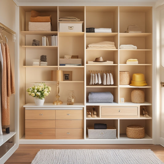 A serene, well-lit closet with sleek, white shelves, neatly arranged clothes, and a few stylish accessories, surrounded by a soft, creamy wall, and a hardwood floor in a warm, honey tone.