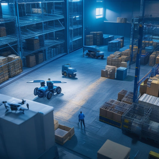 A futuristic warehouse scene with robots and drones assisting workers in handling crates and boxes, surrounded by augmented reality displays and sensors tracking inventory and safety metrics.