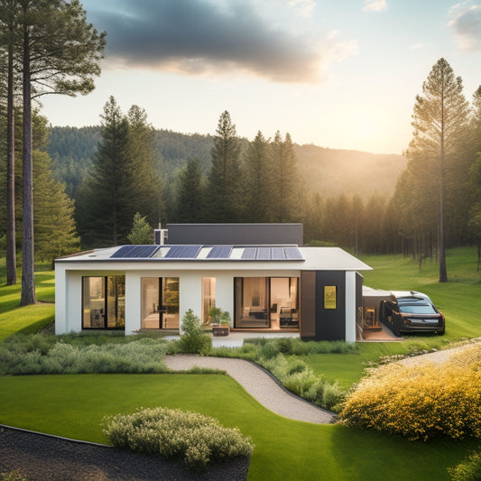 A serene landscape with a modern, sleek home in the foreground, surrounded by lush greenery, with a subtle hint of a battery storage system integrated into the exterior wall, and a few solar panels on the roof.