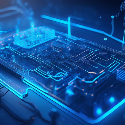 A futuristic illustration of a smartphone screen with a maze of wires and circuit boards underneath, surrounded by swirling code lines and glowing blue orbs, with a download icon bursting out.