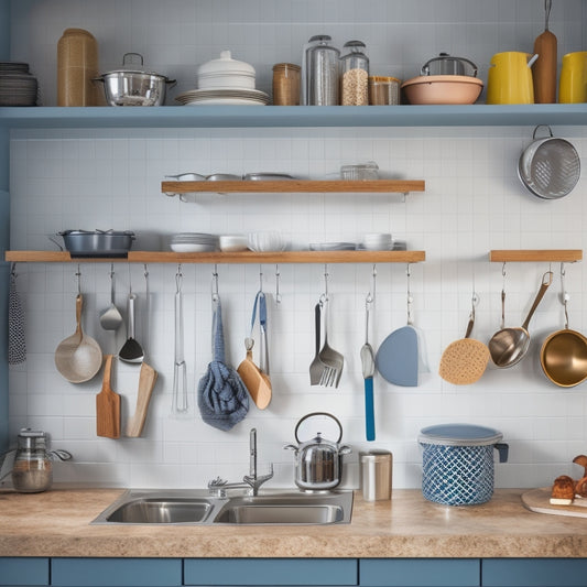 A bright, modern kitchen with utensils arranged in categorized sections: hooks for hanging items, a utensil organizer near the cooktop, a divided drawer, and a wall-mounted pegboard with labeled bins.