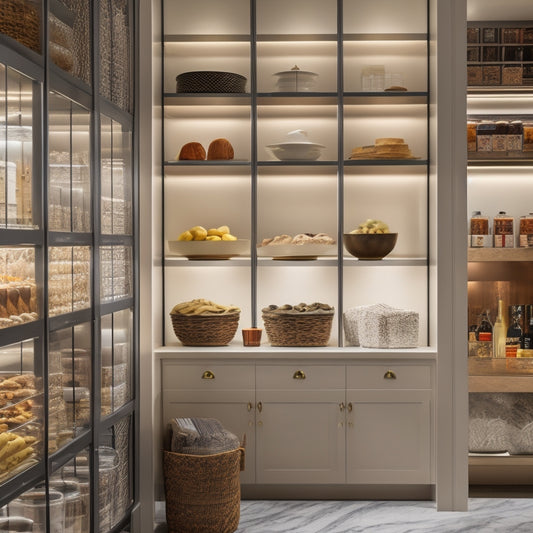 A sleek, marble-countered pantry with floor-to-ceiling glass shelves, displaying an assortment of gourmet food items, cookbooks, and fine china, illuminated by soft, warm overhead lighting.