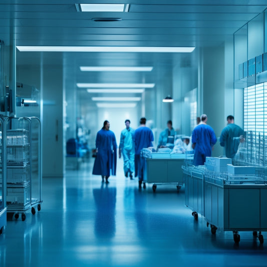 A serene hospital corridor with soft blue lighting, rows of sleek metal shelving units, and medical equipment in the background, with a few healthcare professionals in the distance, blurred and focused on their work.