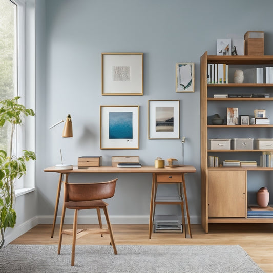A serene, minimalist workspace with a spacious wooden desk, ergonomic chair, and floor-to-ceiling shelves storing colorful file folders, decorative storage bins, and a few framed art pieces.