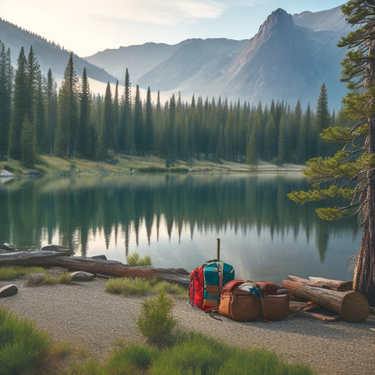 A serene morning scene in Inyo National Forest: misty mountains rise behind a tranquil lake, surrounded by evergreen trees, with a few backpacks and hiking poles leaning against a rustic wooden signpost.