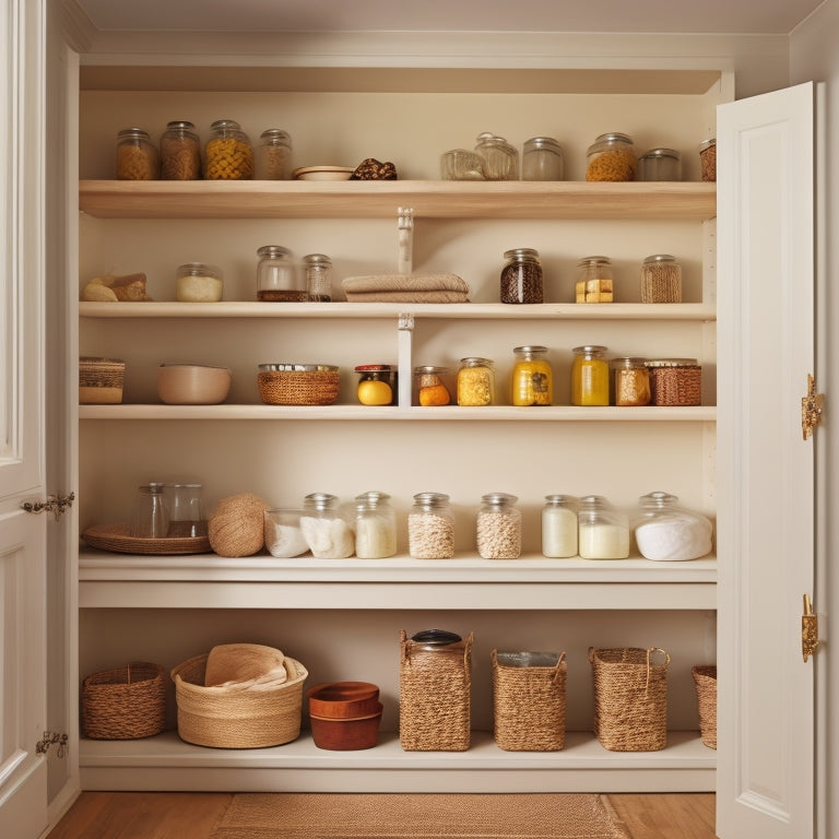 A tidy, well-lit pantry with cream-colored walls, featuring three narrow shelves made of natural wood, each approximately 12 inches wide, holding an assortment of neatly arranged jars, baskets, and cookbooks.