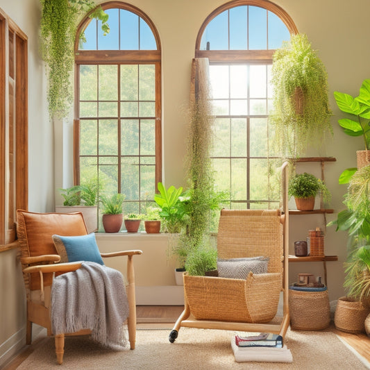 A bright, airy living room with a ladder bookshelf, woven baskets, and a repurposed vintage window turned into a room divider, surrounded by lush greenery and warm, natural light.