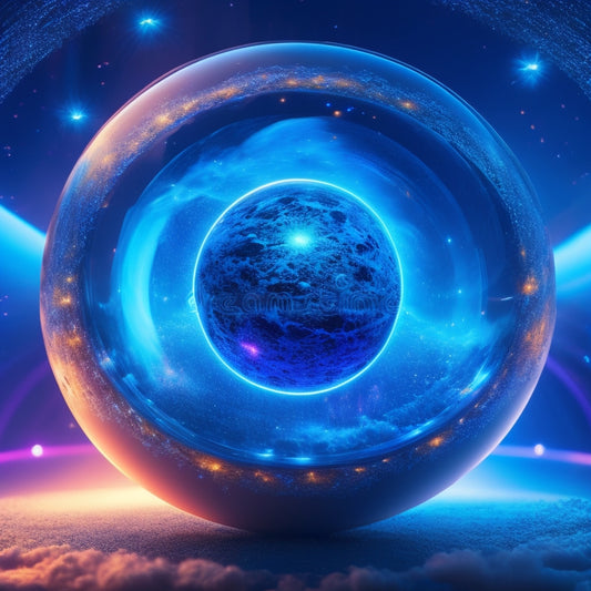 A futuristic, spherical cloud with glowing blue circuits and neon-lit pathways, surrounded by orbiting spheres of various sizes, with sparks and lights emanating from the center, symbolizing innovation and connectivity.
