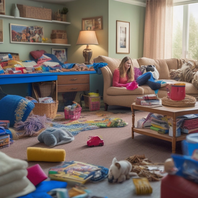 A cluttered living room with toys, dirty laundry, and scattered papers, with a frazzled mom in the background, surrounded by chaos, with a calendar or planner lying open on a messy coffee table.