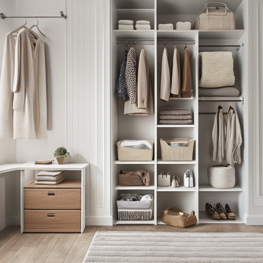 A serene, minimalist closet with cream-colored walls, dark wood shelves, and a plush area rug, featuring a mix of hanging rods, baskets, and stackable containers, with a few neatly folded clothes and shoes.