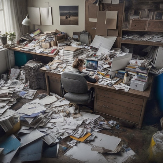A cluttered home office with a overwhelmed person sitting at a desk buried under piles of papers, files, and office supplies, surrounded by scattered furniture and tangled cords.
