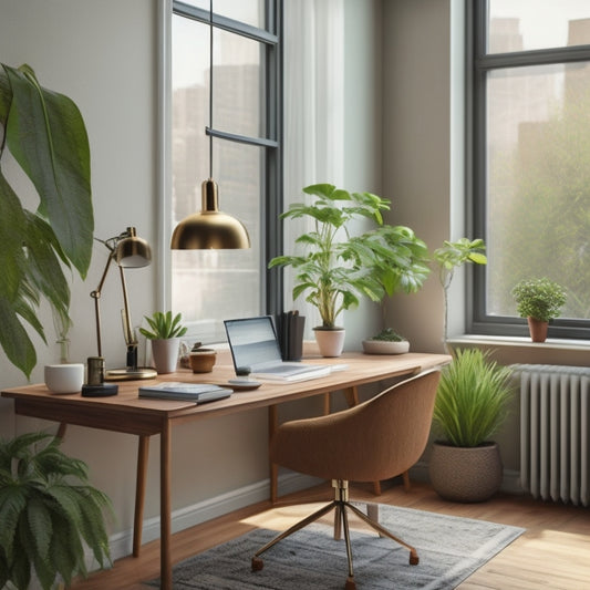 A serene home office with a minimalist wooden desk, a ergonomic chair, and a small potted plant, surrounded by natural light streaming through a window with a subtle cityscape view.