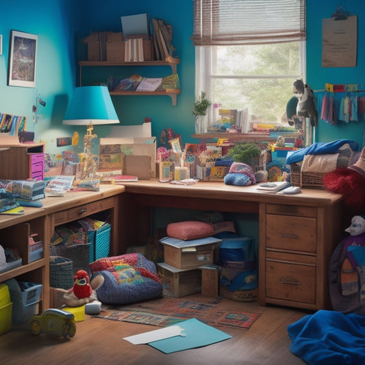 A messy, colorful room with scattered papers, toys, and clothes, contrasted with a calm, organized corner featuring a labeled file cabinet, a tidy desk, and a few, carefully-placed sentimental items.