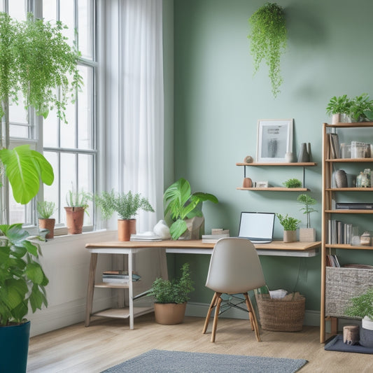 A tidy, minimalist room with a few carefully chosen furniture pieces, a ladder bookshelf, and a small desk with a laptop, surrounded by a few serene, green plants.