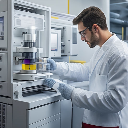 An illustration of a person wearing a white lab coat, standing in front of a sleek, modern printing machine, surrounded by rolls of colorful labels, with a magnifying glass in hand, examining a perfectly printed label.